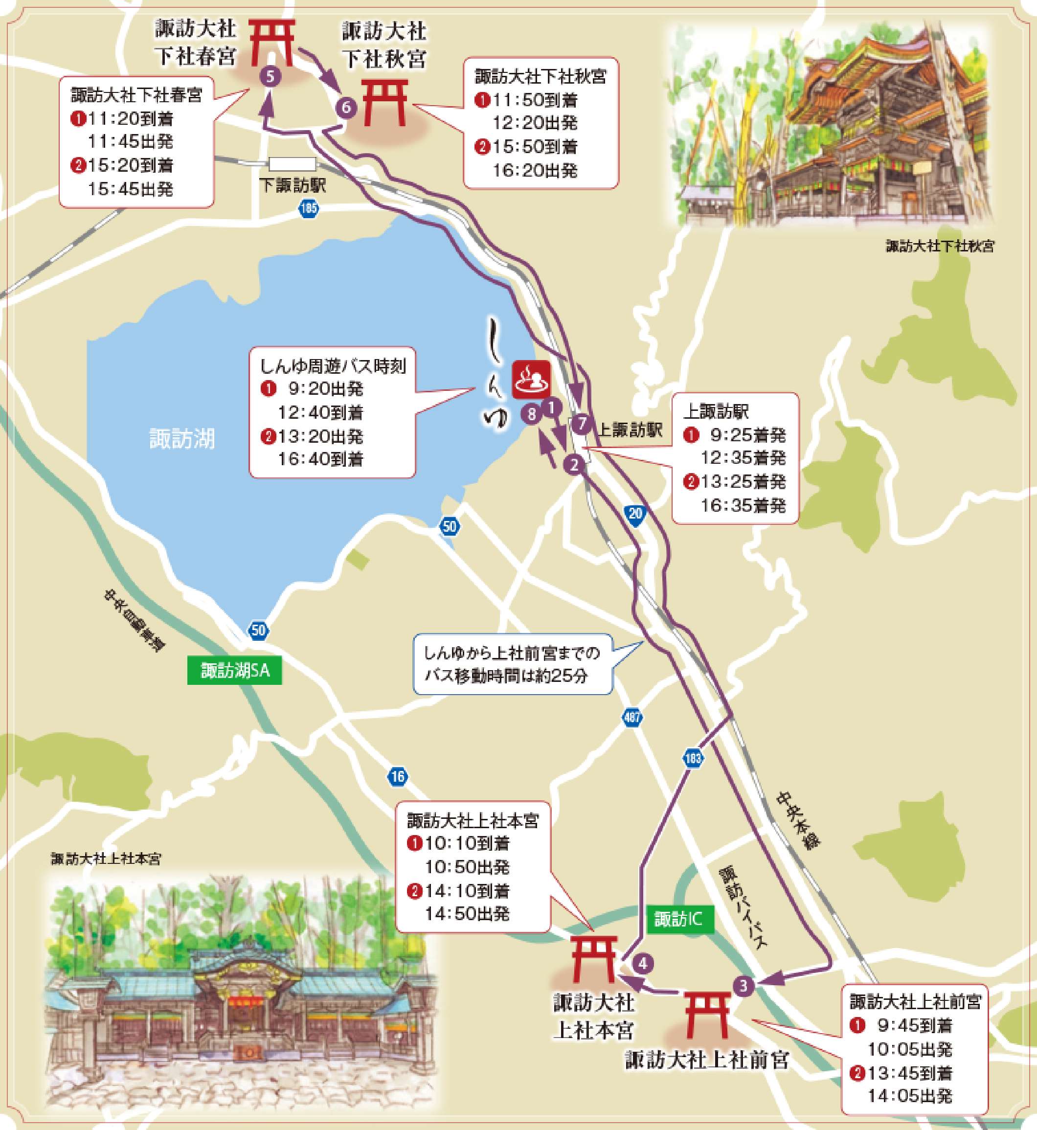 諏訪大社4社を巡る無料参拝バス 周辺地図